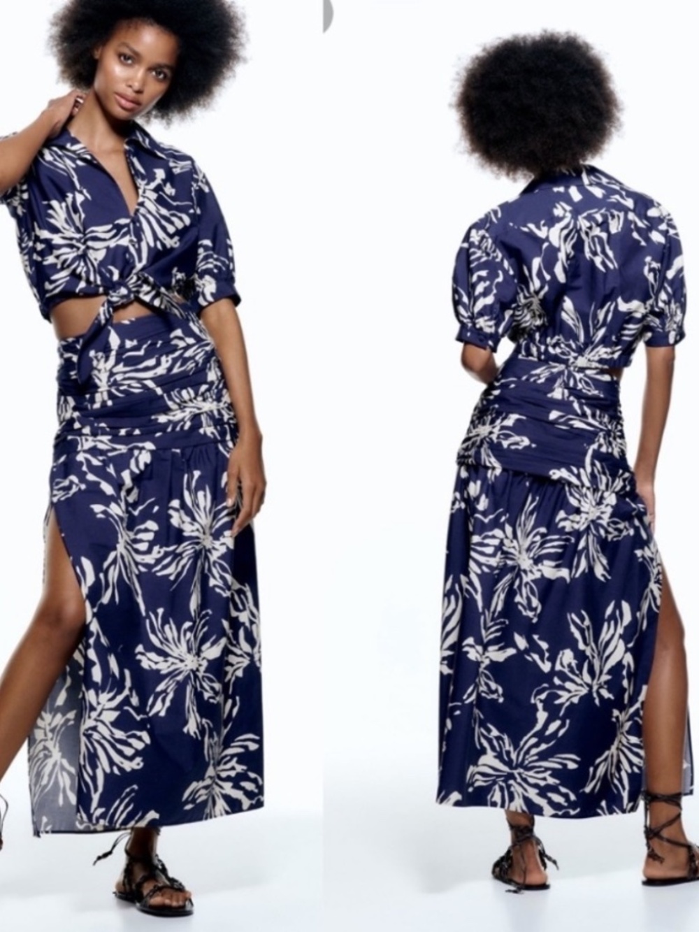 Zara Navy and Cream Floral Maxi Skirt